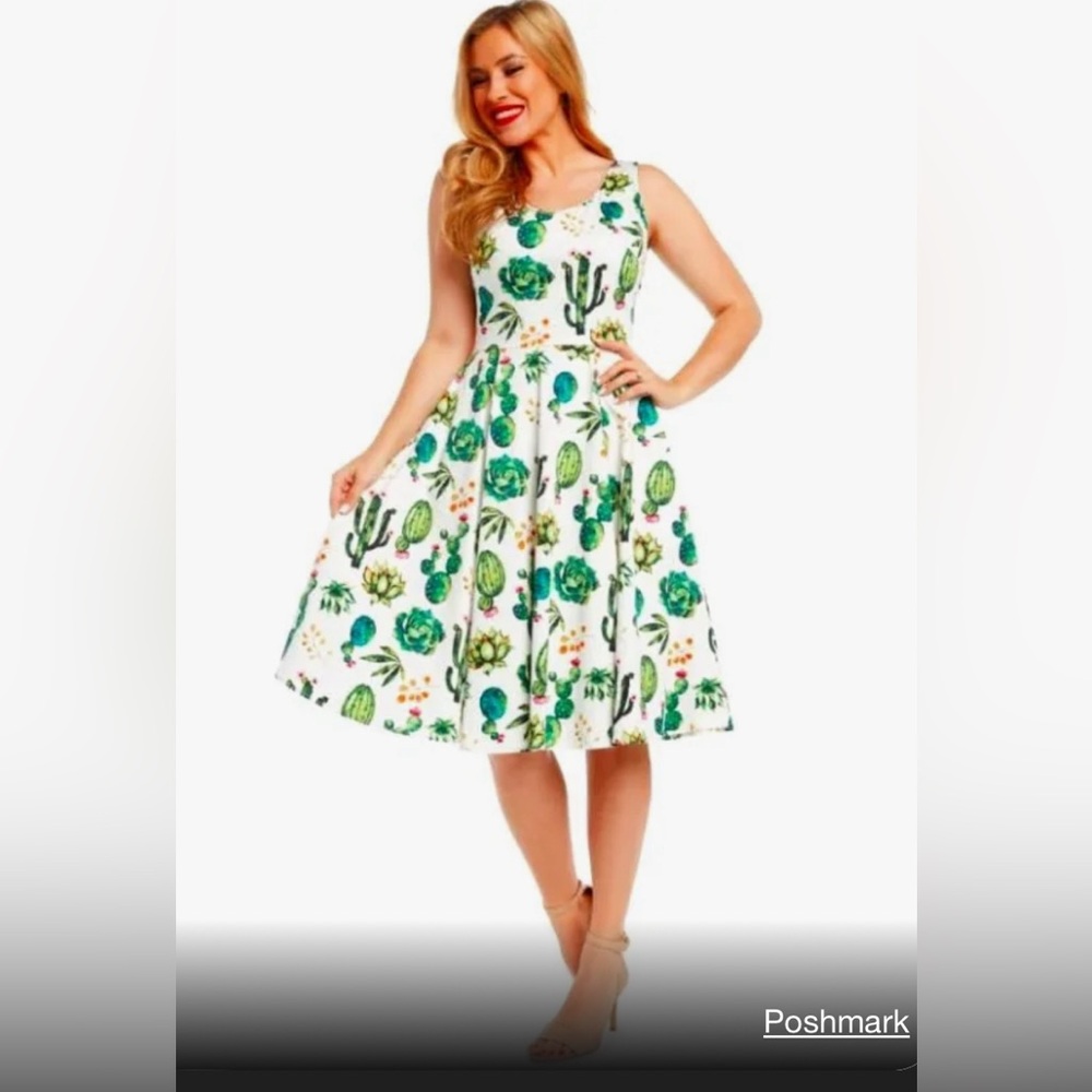 EVA ROSE SM Cactus Dress FIT & FLARE Swing POCKETS Cruiser Succulents Cotton